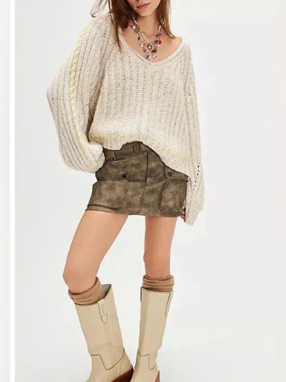 Free People Whipstitch Pullover sweater Gardenia Ivory Combo SZ S NWT